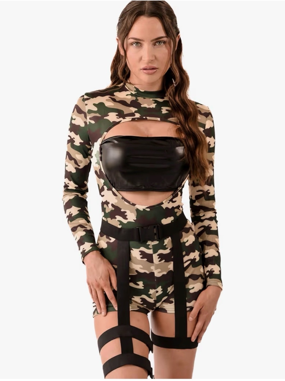 Camo Cutout Long-Sleeve Romper with Faux Leather Bust